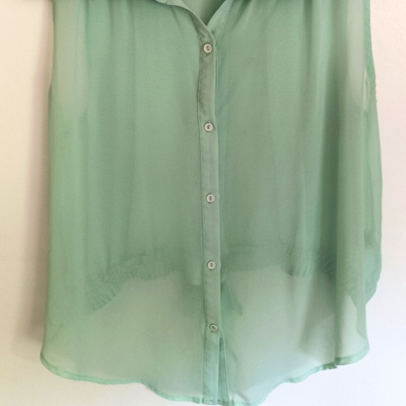 Iris Los Angeles Light Teal Sheer Button-up Top with Lace - Picture 3 of 4